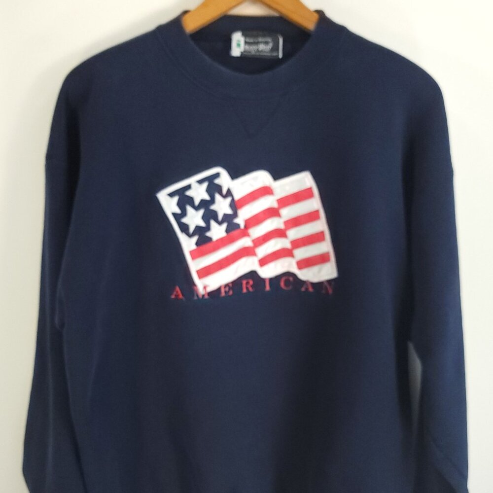 Vtg American Flag Sweatshirt Men's Large Navy Blue Pullover Image Wear USA
